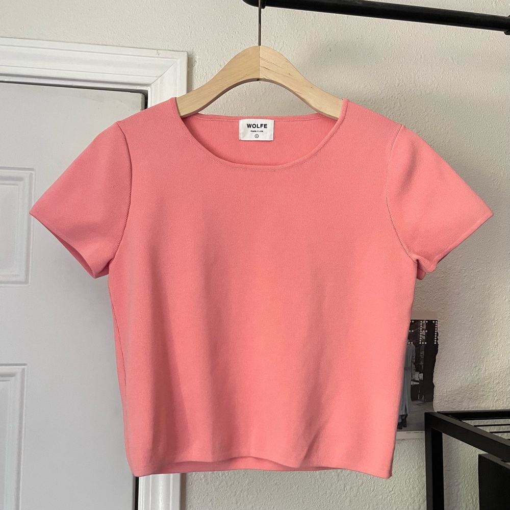 WOLFE pink crew neck chunky knit short sleeve boxy cropped baby tee